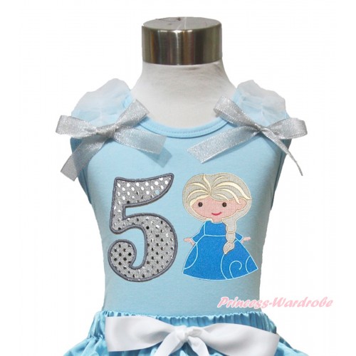 Light Blue Tank Top With White Ruffles & Sparkle Silver Grey Bow With Princess Elsa & 5th Sparkle White Birthday Number Print TM273